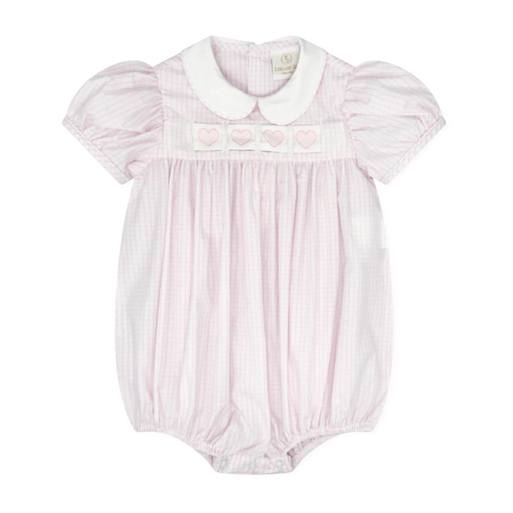 That Store Ruth Ribbon Bubble in classic pink windowpane fabric with a white Peter Pan collar and heart embroidery.