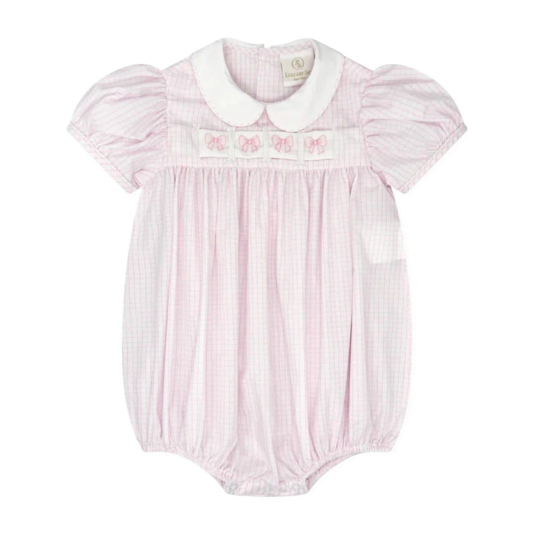 That Store Ruth Ribbon Bubble in classic pink windowpane check with a white Peter Pan collar and bow embroidery.