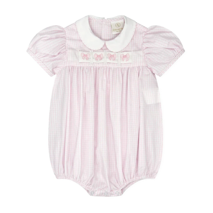 That Store Ruth Ribbon Bubble in classic pink windowpane check with a white Peter Pan collar and bow embroidery.