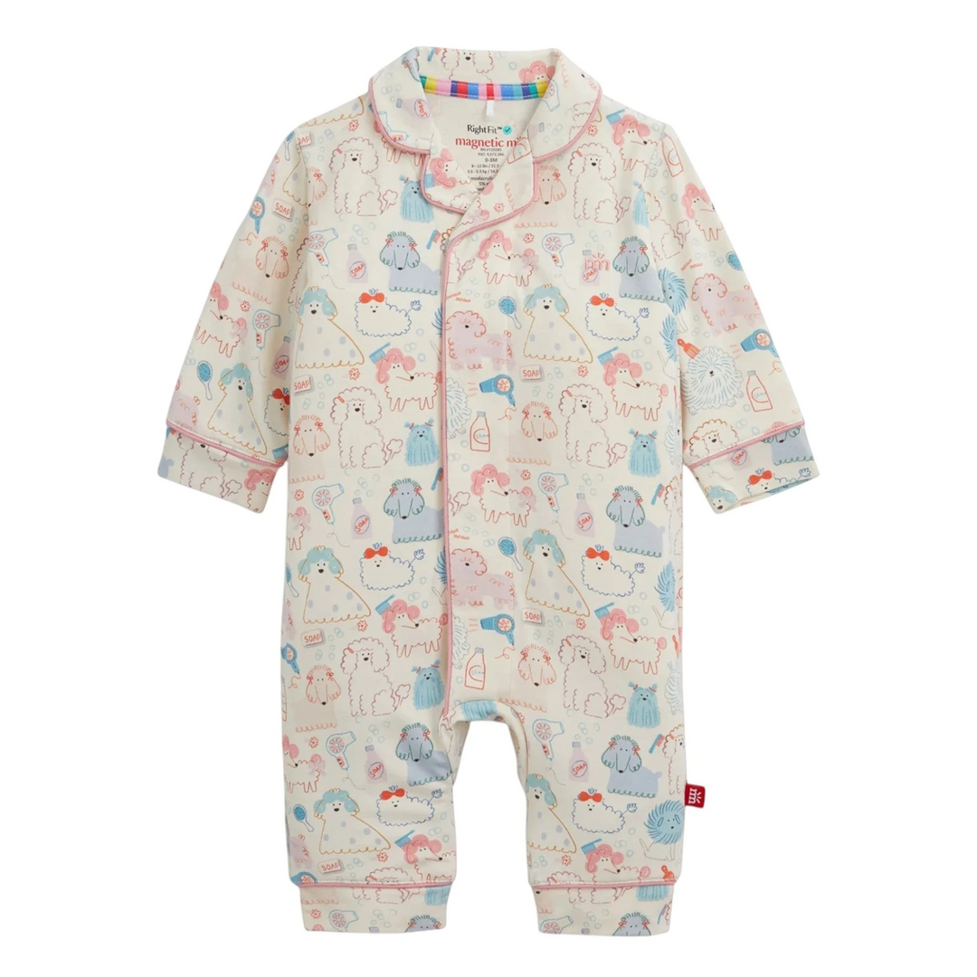 That Store Poodle Pawlor RightFit magnetic baby coverall in cream with a colourful poodle and grooming tool print.