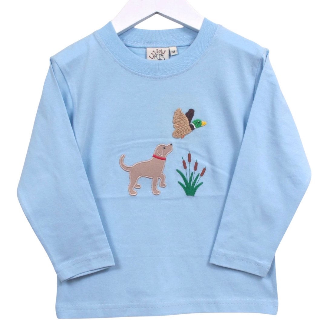 That Store powder blue long sleeve cotton boys tee with a crocheted dog and mallard duck appliqué