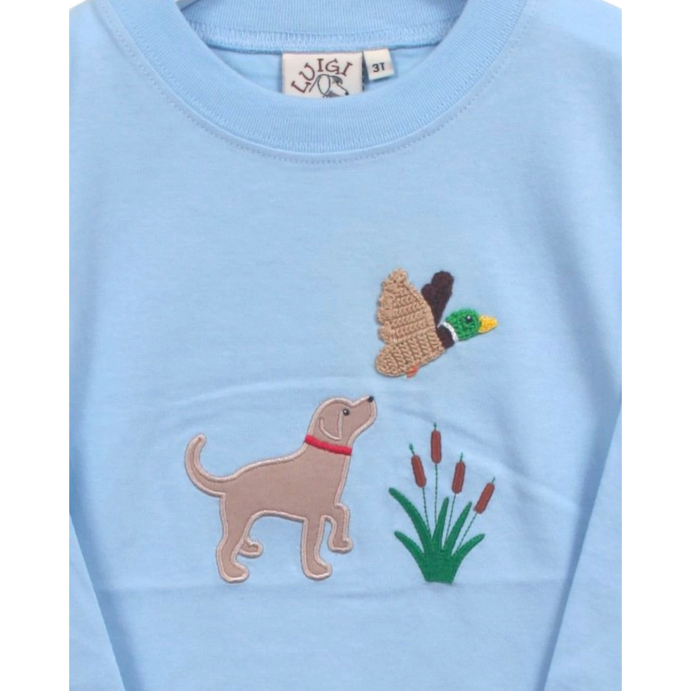 That Store powder blue long sleeve cotton tee for boys with a crocheted dog and mallard duck appliqué design