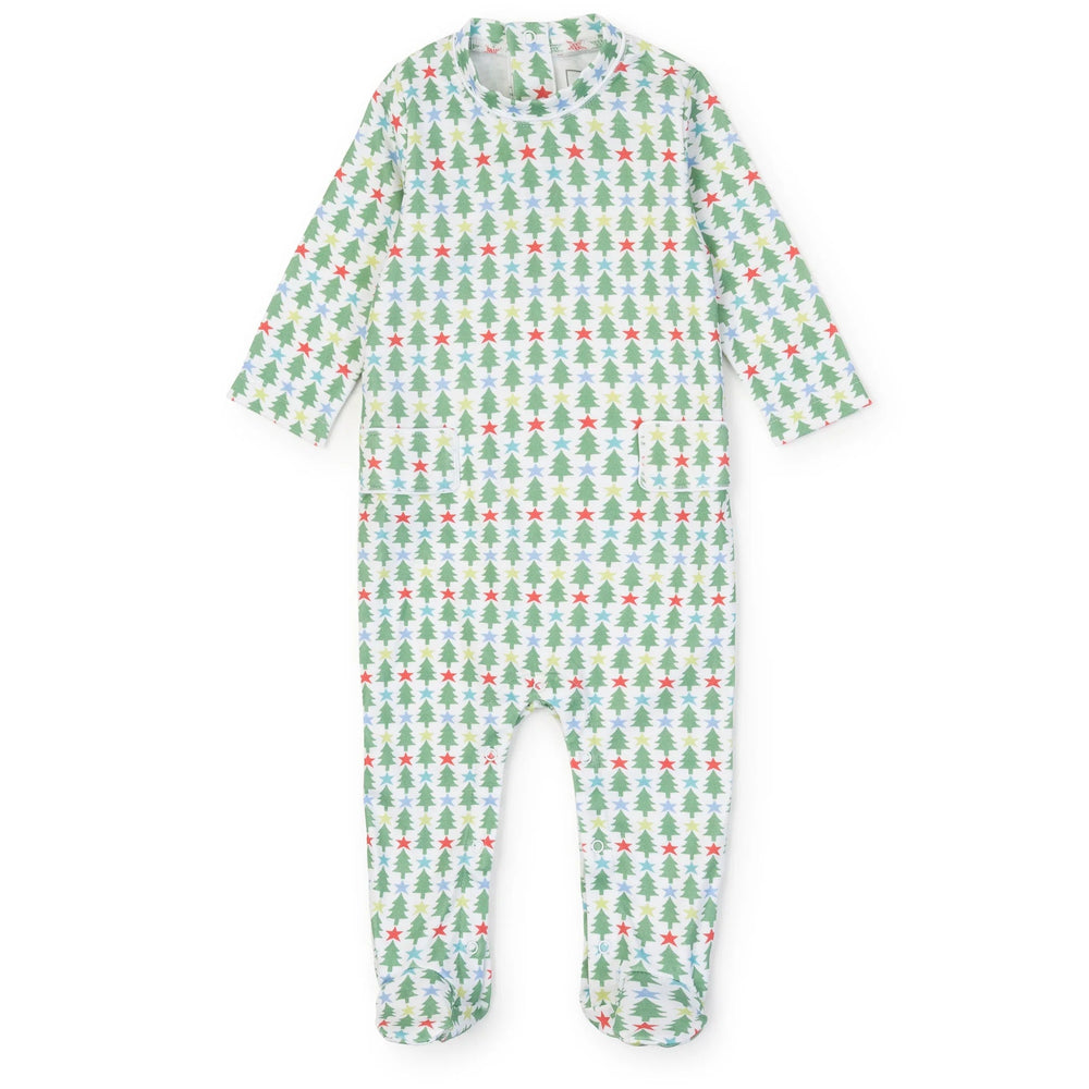 That Store Preston boys' footed romper in white Pima cotton with a festive green Christmas tree and star print.
