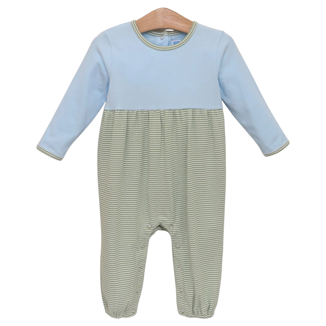 That Store Preston boys romper in light blue and green stripe cotton blend with long sleeves and snap closures.