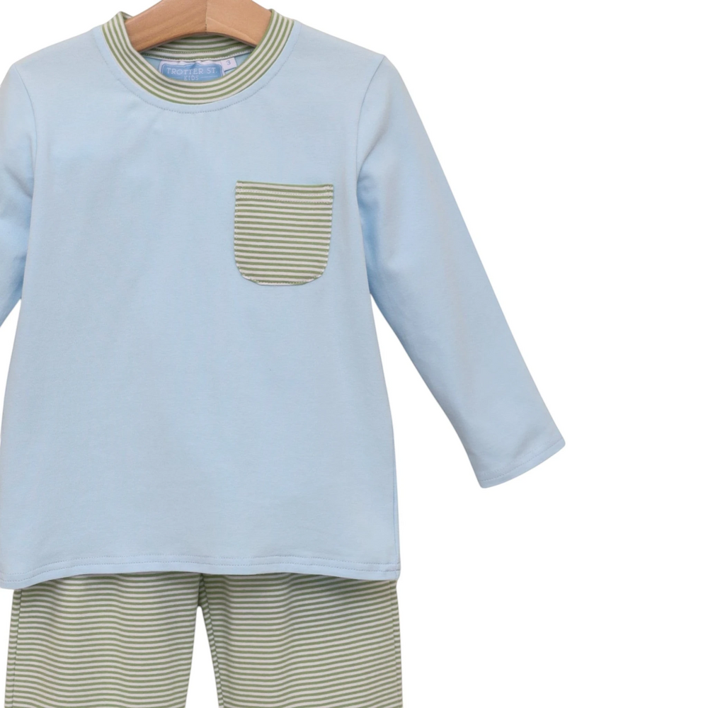 That Store Preston boys pant set featuring a light blue long-sleeve shirt with a green striped pocket and matching pants