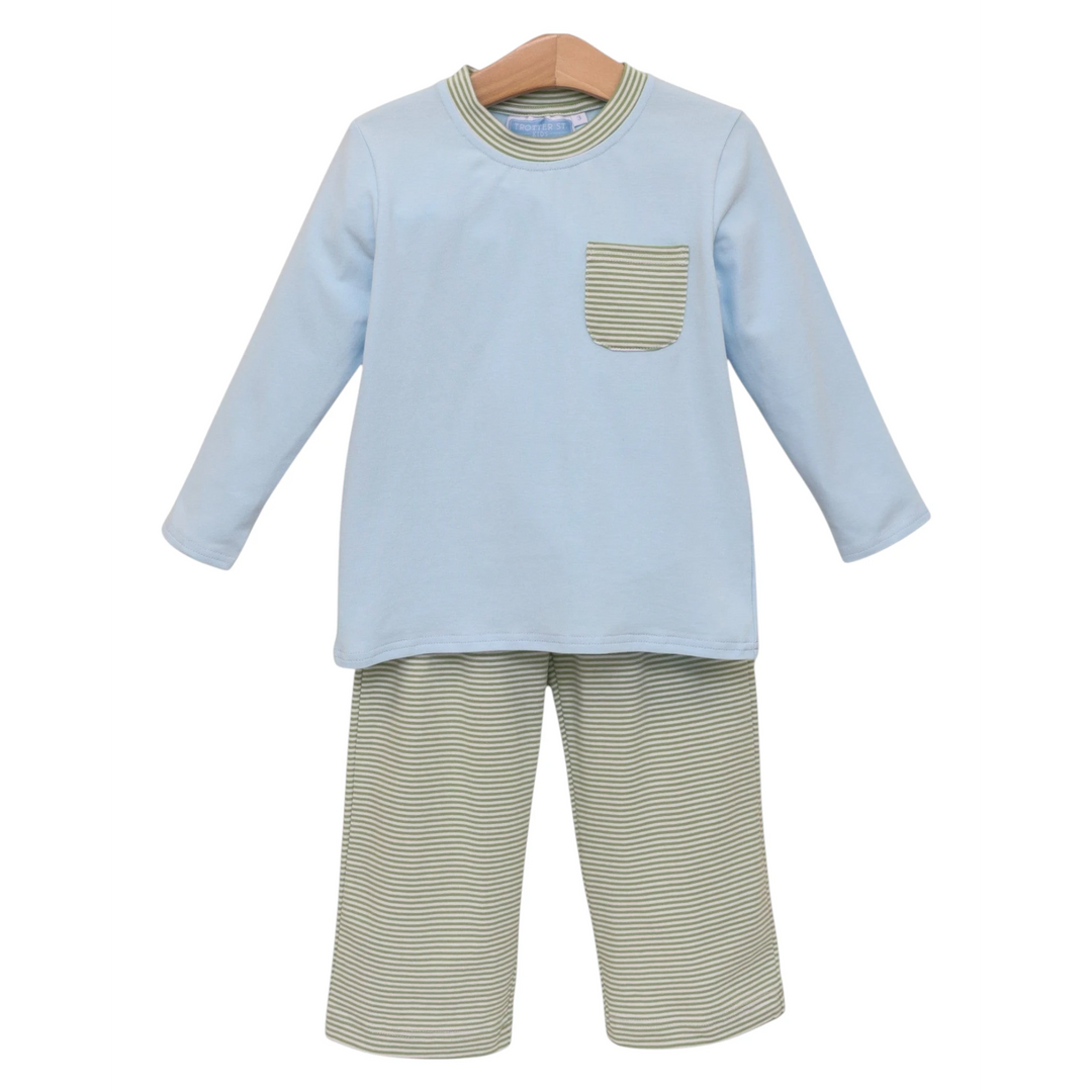 That Store Preston boys pant set in light blue with green striped pants and matching chest pocket detail.