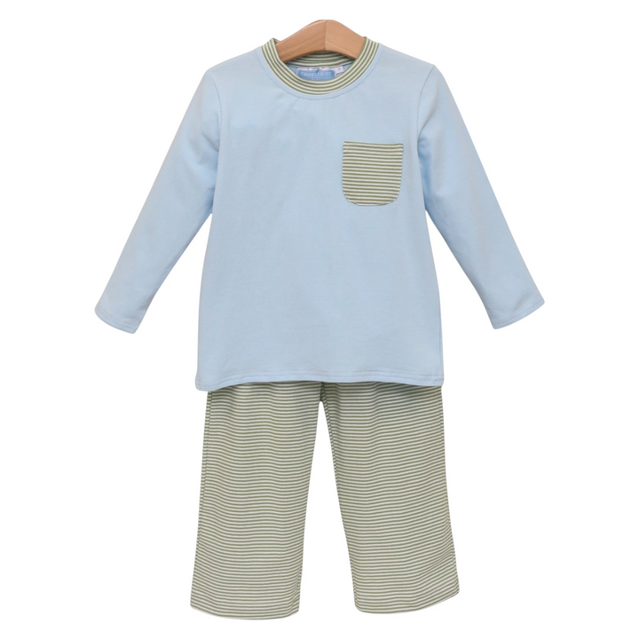 That Store Preston boys pant set in light blue with green striped pants and matching chest pocket detail.