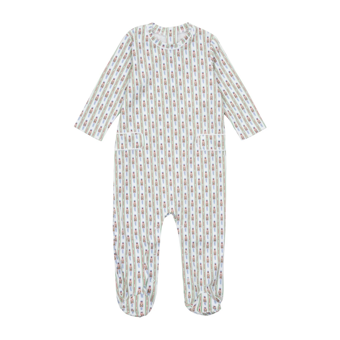 That Store Preston boys' long-sleeved footed romper in white pima cotton with a festive nutcracker stripe print.