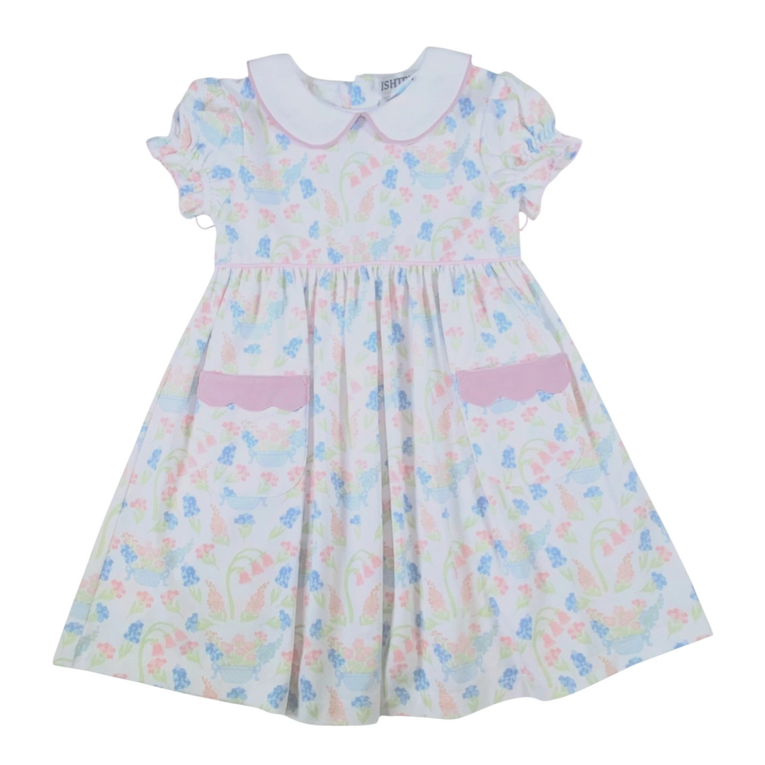 That Store Primrose Pink floral dress with a white collar, puff sleeves, and scalloped pockets in cotton blend.