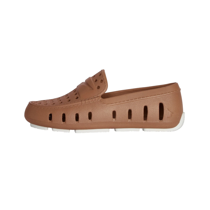 That Store Prodigy tan and bright white waterproof foam loafers for kids with breathable ventilation holes