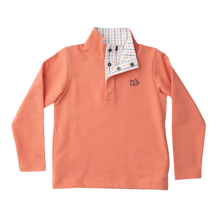 That Store PRODOH Sporty Snap Pullover in crabapple orange with a plaid interior collar and fish logo embroidery.
