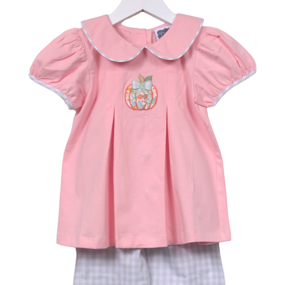 That Store girl's pink swing top with pumpkin applique and sage green gingham ruffle pants for fall