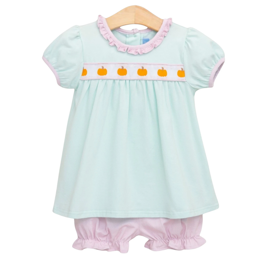 That Store Pumpkin Rowe mint and pink cotton bloomer set with pumpkin ribbon detail for girls