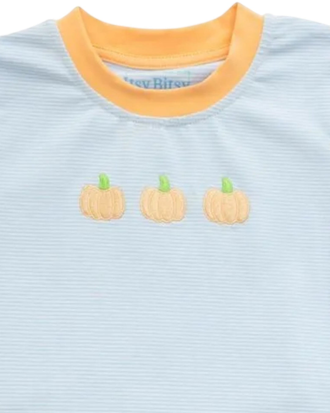 That Store boys short set featuring a light blue striped cotton shirt with orange pumpkin embroidery and collar