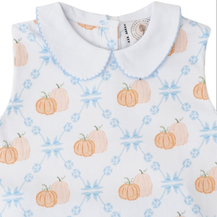 That Store Pumpkin Row Charlotte girls set featuring a white sleeveless top with a blue scalloped collar and pumpkins