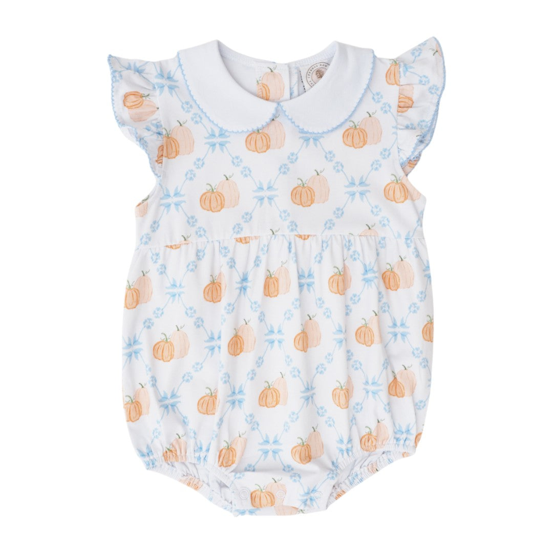 That Store girls bubble romper featuring a white fabric with orange pumpkin print, blue trim, and ruffled sleeves.