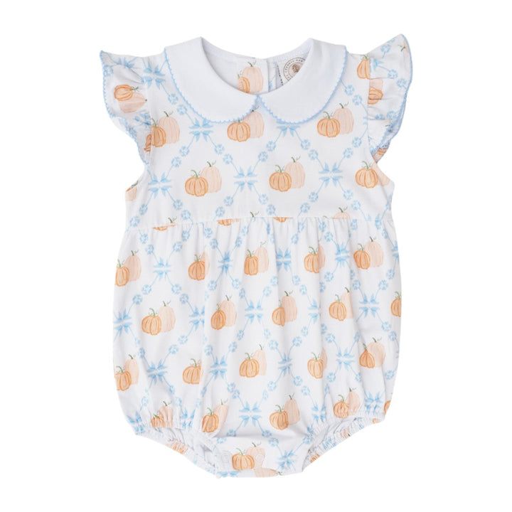 That Store girls bubble romper featuring a white fabric with orange pumpkin print, blue trim, and ruffled sleeves.