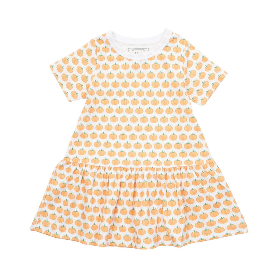 That Store Lottie girls' short sleeve t-shirt dress in white with an orange pumpkin print and dropped waist.