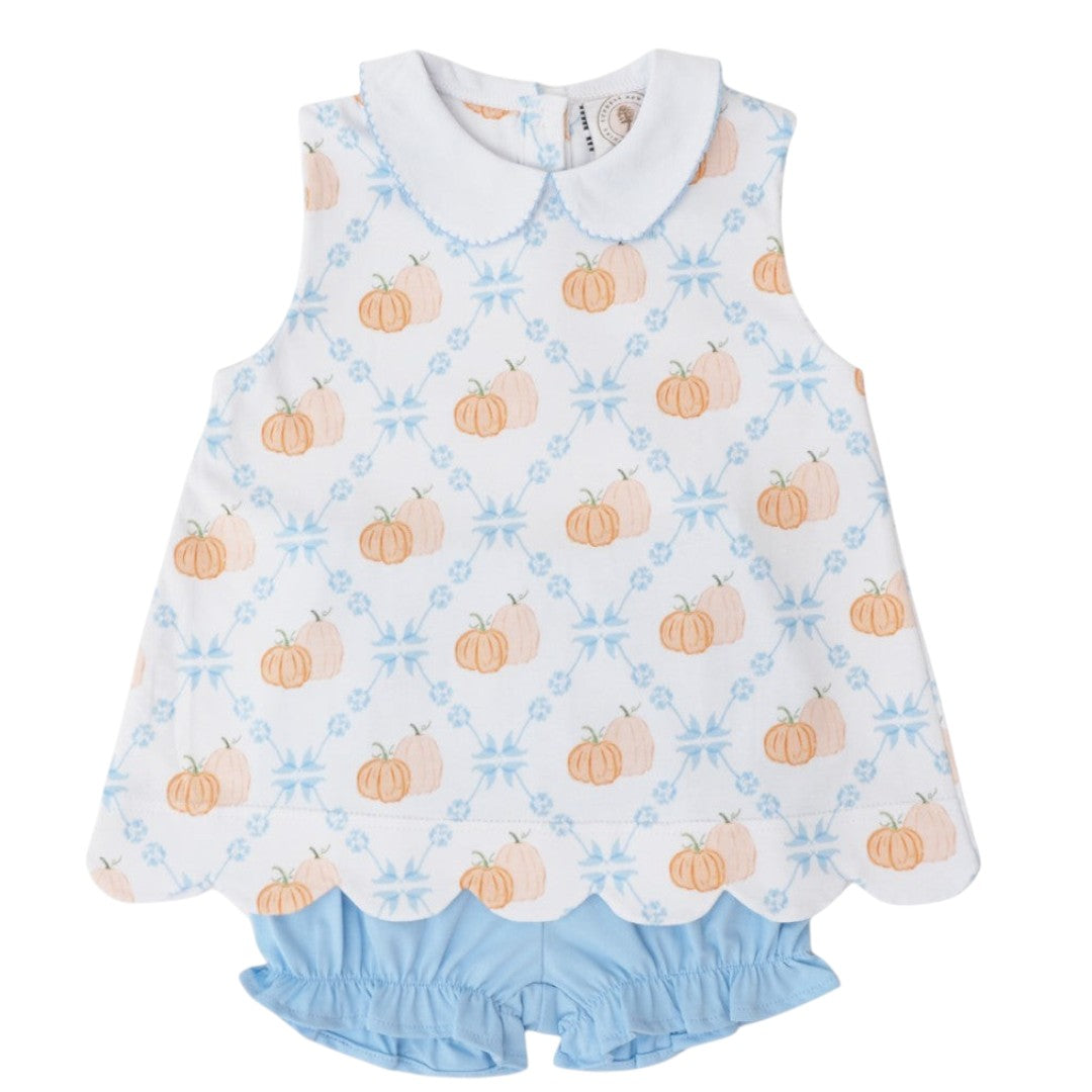 That Store girls pumpkin print sleeveless top with scalloped hem and matching blue ruffled bloomers for autumn