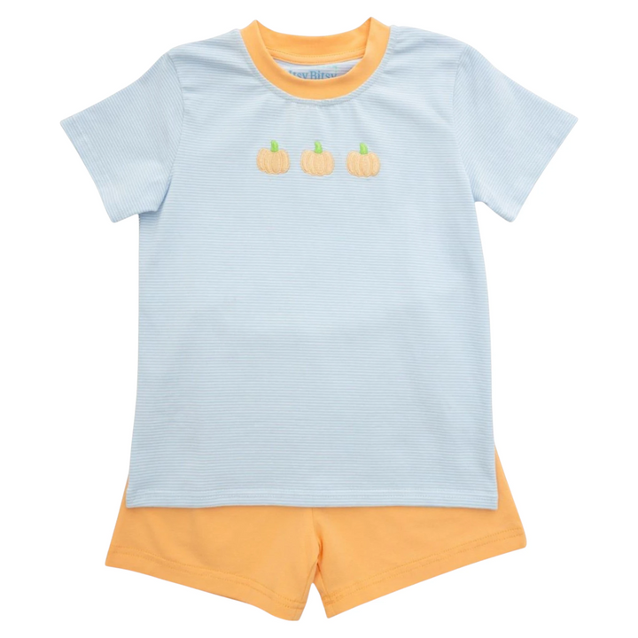 That Store boys short set featuring a light blue striped t-shirt with pumpkin embroidery and solid orange shorts.