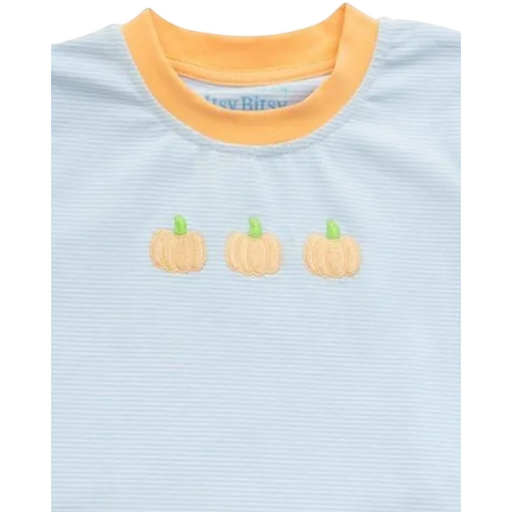 That Store boys short set featuring a light blue striped shirt with orange trim and embroidered pumpkin details.