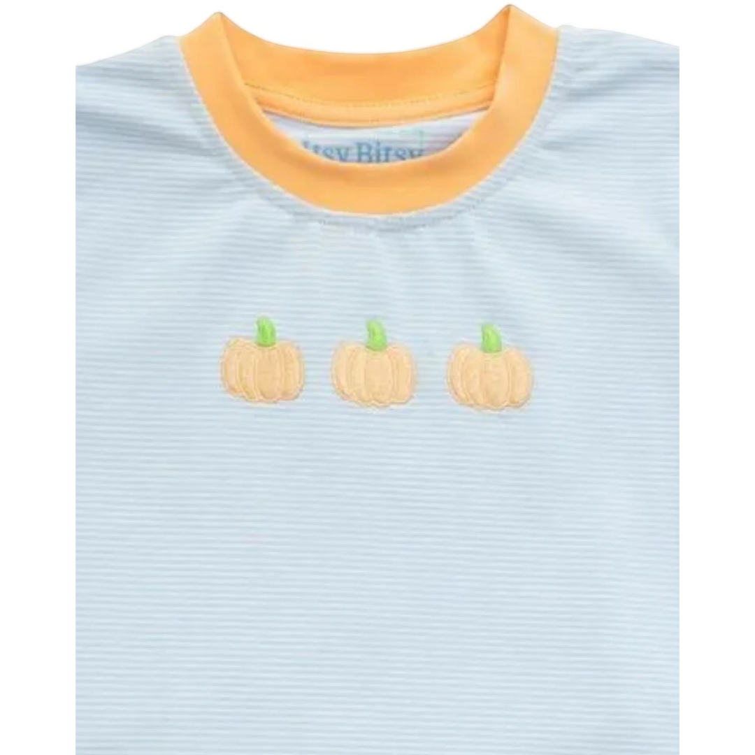 That Store boys short set featuring a light blue striped shirt with orange trim and embroidered pumpkin details.