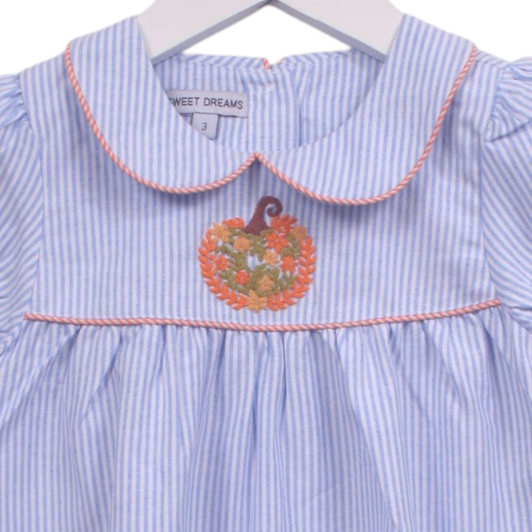 That Store girls blue and white striped bubble featuring a peter pan collar and pumpkin embroidery