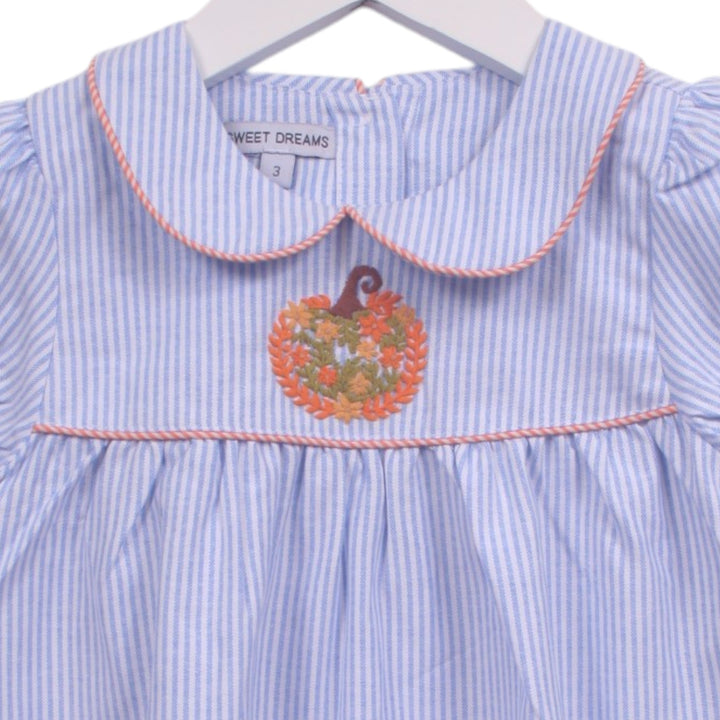 That Store girls blue and white striped bubble featuring a peter pan collar and pumpkin embroidery