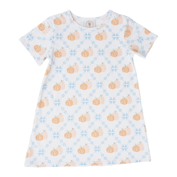 That Store Pumpkin Row Susie swing dress in white with orange pumpkin and blue floral pattern for autumn