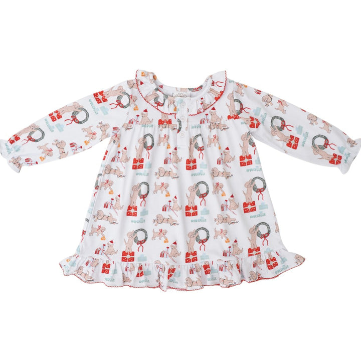 That Store girls lounge dress featuring a festive puppy Christmas print with red trim and ruffled hem