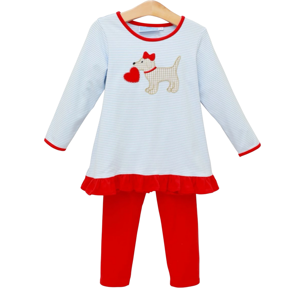 That Store Puppy Love girls pants set featuring a blue striped long-sleeve top with puppy applique and red ruffles.