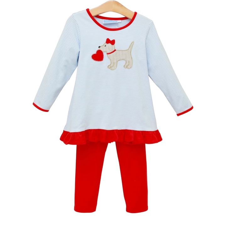 That Store Puppy Love girls pants set featuring a blue striped long-sleeve top with puppy applique and red ruffles.