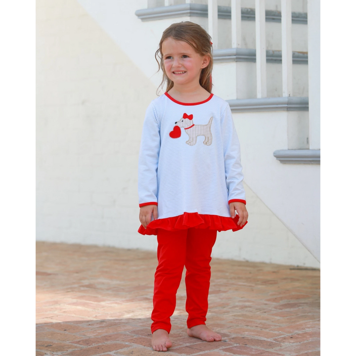 That Store Puppy Love girls pants set featuring a blue striped long-sleeve top with puppy graphic and red ruffles