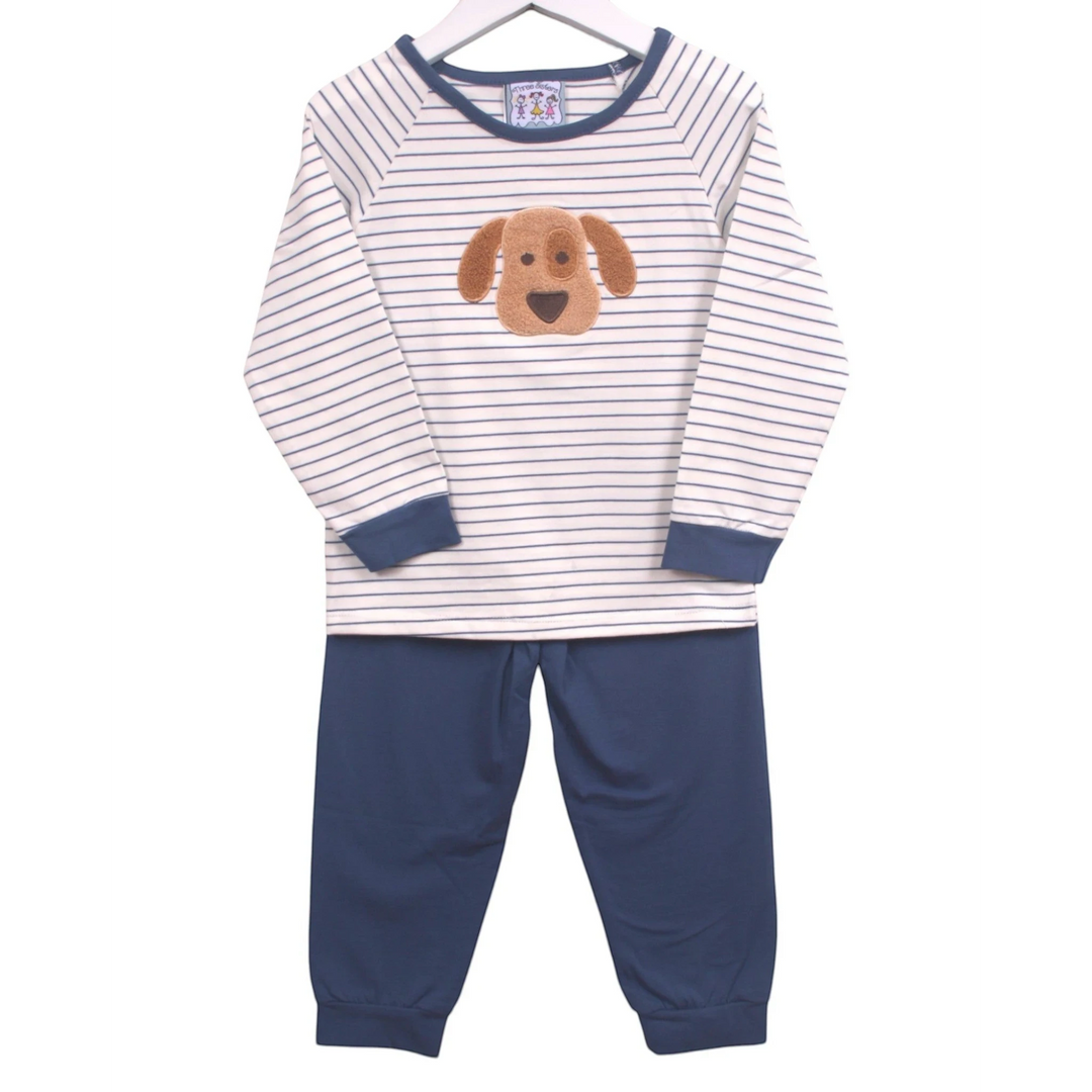 That Store boys jogger set featuring a blue striped long-sleeve top with a puppy applique and solid blue joggers.