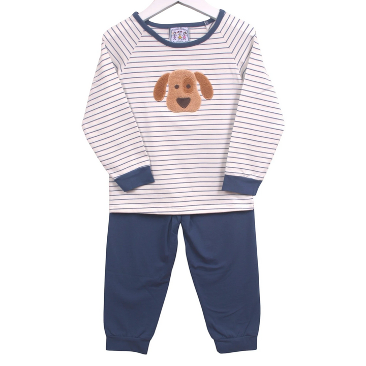 That Store boys jogger set featuring a blue striped long-sleeve top with a puppy applique and solid blue joggers.