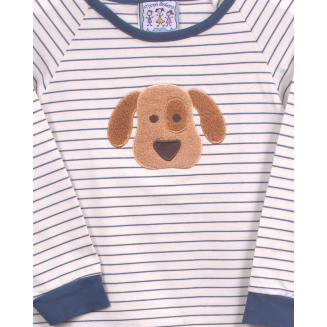 That Store boys blue stripe long sleeve shirt with a cute brown puppy applique made from soft cotton blend fabric