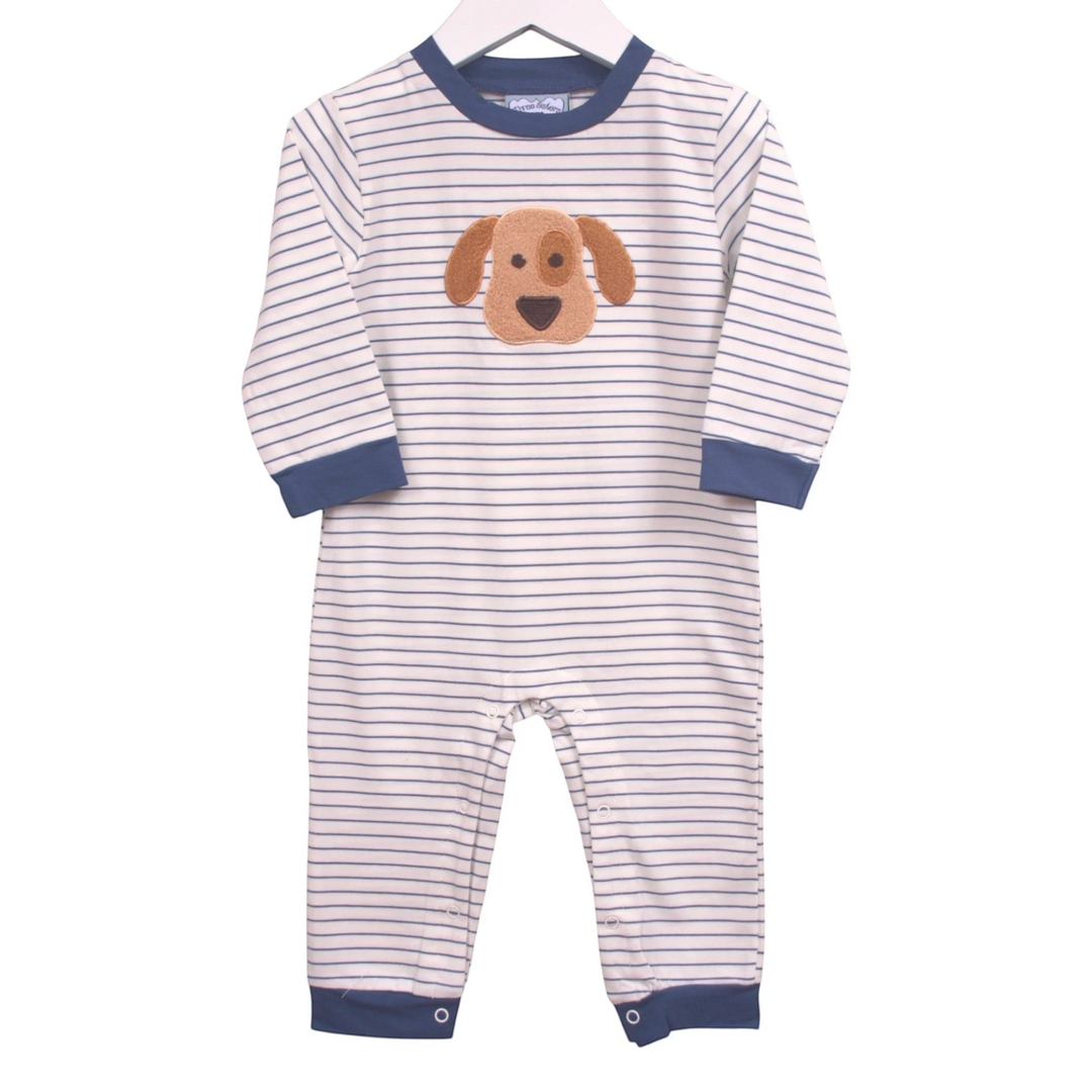 That Store boys blue striped cotton romper featuring a cute brown puppy applique and long sleeves