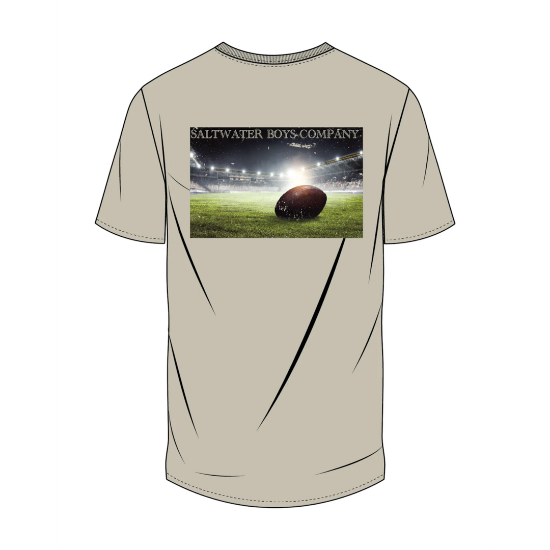 That Store boys' putty-coloured 100% Peruvian cotton short-sleeve t-shirt featuring a football stadium back graphic.