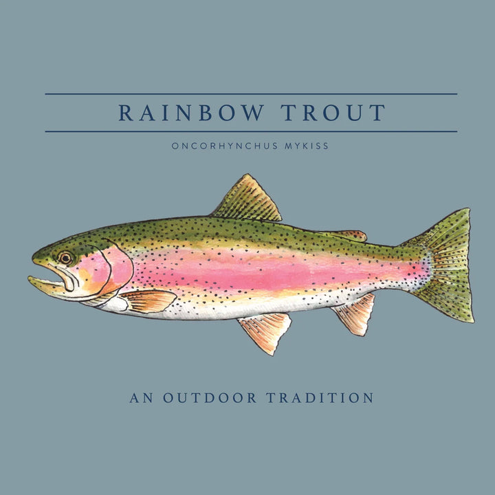 That Store rainbow trout graphic print on a blue background with scientific name and outdoor tradition text