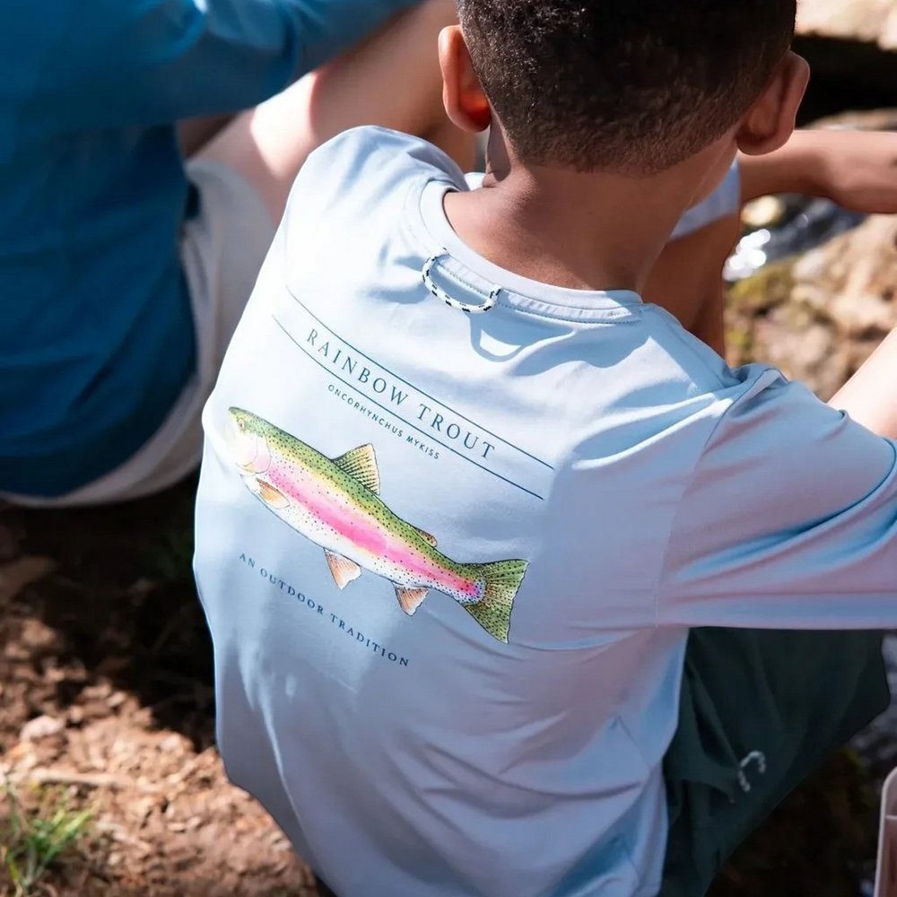 That Store light blue long sleeve performance shirt with rainbow trout graphic on back and signature neck loop