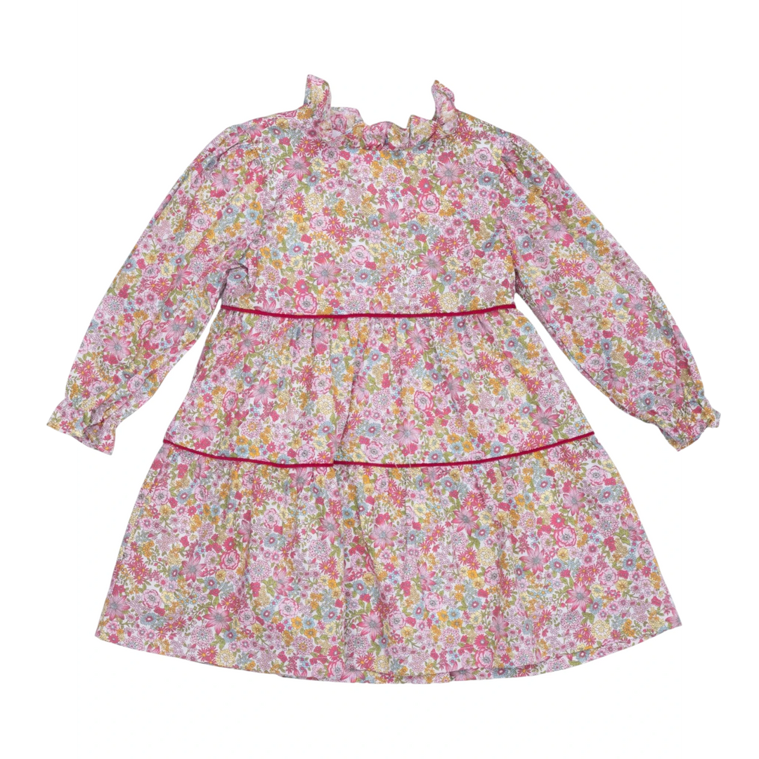 That Store Zoe raspberry floral long-sleeve dress for girls with a ruffled collar and tiered skirt design.