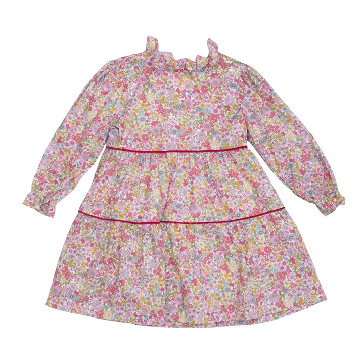 That Store Zoe raspberry floral long-sleeve dress for girls with a ruffled collar and tiered skirt design.