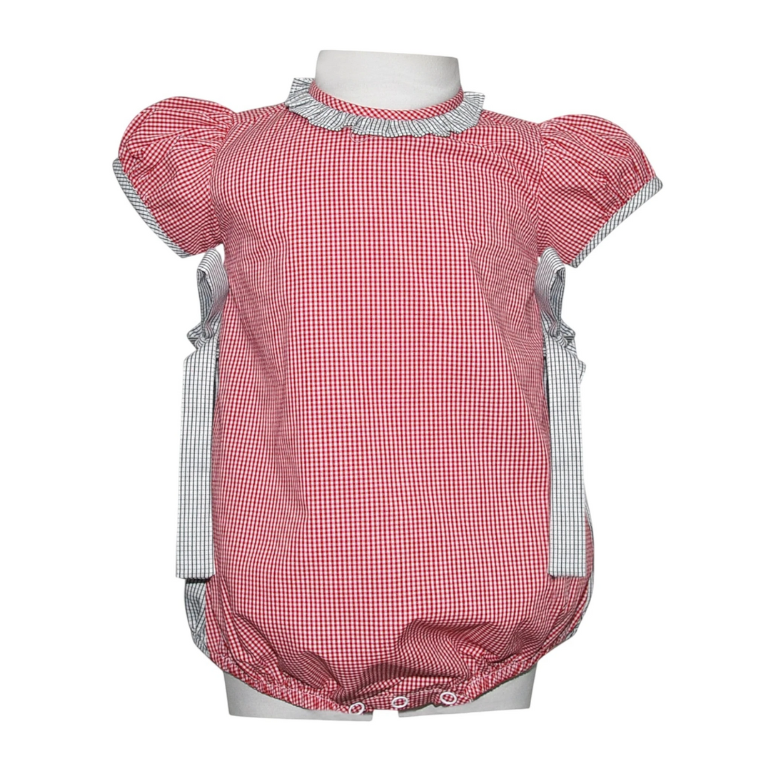 That Store girls bubble romper in red and black gingham with a ruffled collar and side tie detail.