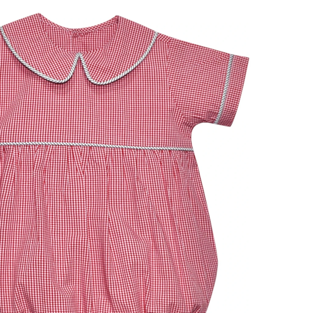 That Store red and black gingham boys bubble with a peter pan collar and white piping detail in poly-cotton blend.