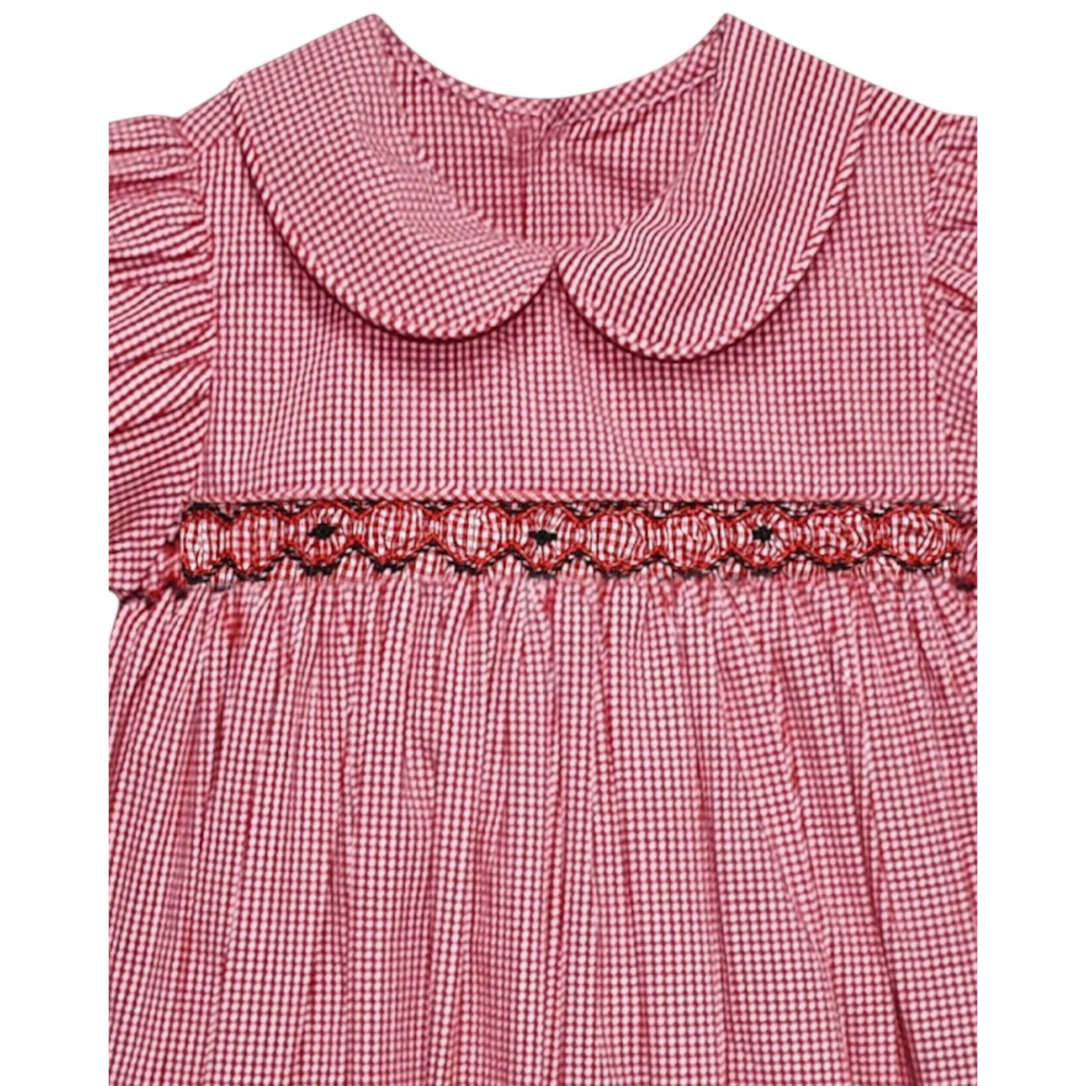 That Store girls red and black gingham bubble with peter pan collar and geometric smocking detail