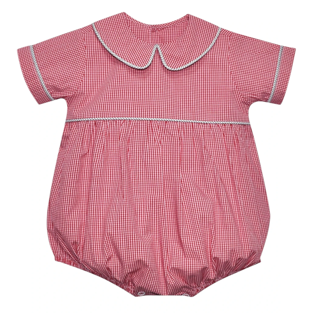 That Store red and black gingham boys bubble romper with a Peter Pan collar and white piping trim.