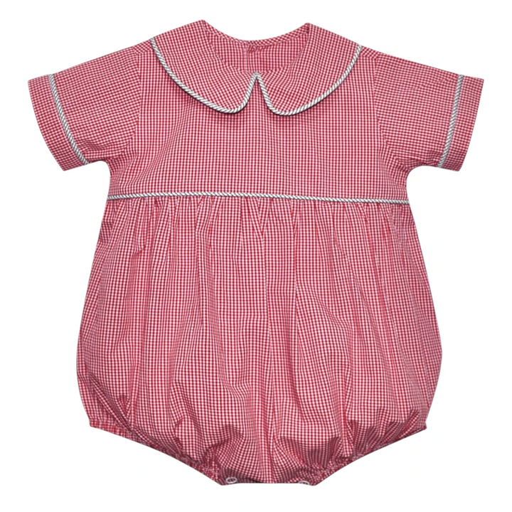 That Store red and black gingham boys bubble romper with a Peter Pan collar and white piping trim.