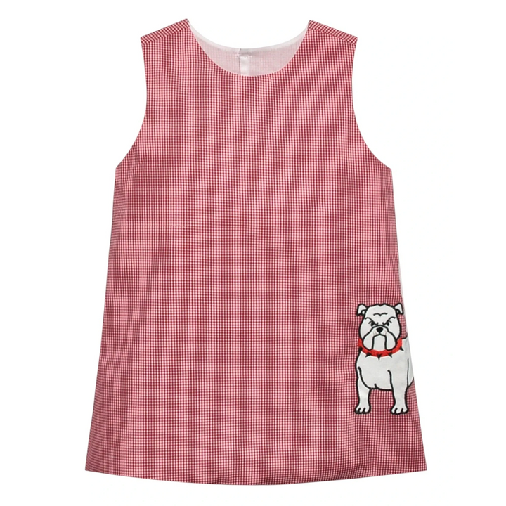 That Store red and black gingham sleeveless dress featuring a cute white bulldog applique for gameday.