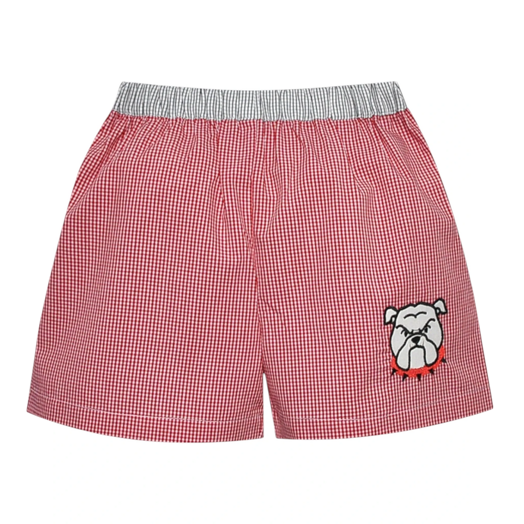 That Store red and black gingham boys shorts with a bulldawg applique and elastic waistband