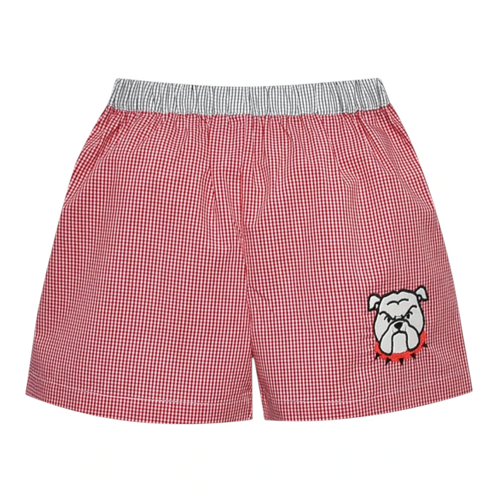 That Store red and black gingham boys shorts with a bulldawg applique and elastic waistband